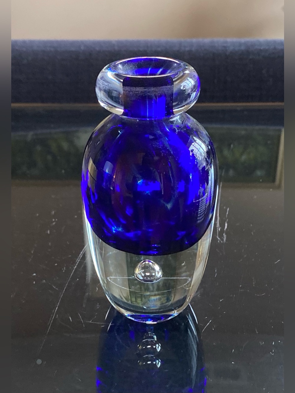 Signed Studio Blown Art Glass Cobalt Blue Sommerso Controlled Bubble Bud Vase
